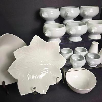 Lion’s Head Soup & Dipping Bowls, Fitz & Floyd Nevaeh White Dishware & Leaf Dish