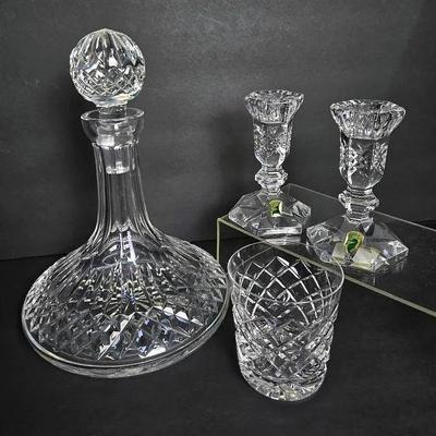 Waterford Crystal Lismore Ship’s Decanter, Tyrone Rocks Glass & Candleholder Pair