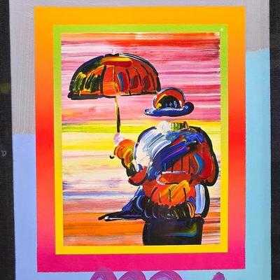Peter Max Studio Signed Painting With Collage “Umbrella Man”