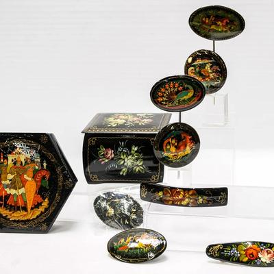 Russian Lacquerware Boxes, Brooches, Barrettes