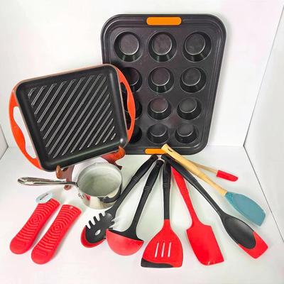 Le Creuset Enameled Cast Iron Skillet Plus Muffin Tin, Utensils & All Clad Stainless Steel Sauce Pan