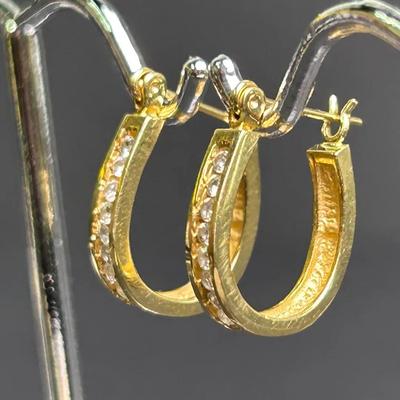 14K Gold Channel Set Diamond Hoop Earrings - 5/8" Long