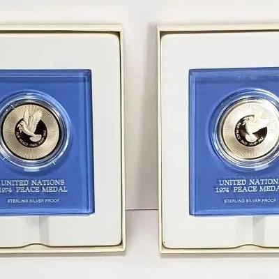 Sterling Silver 1974 United Nations Proof Peace Medals (2)  
