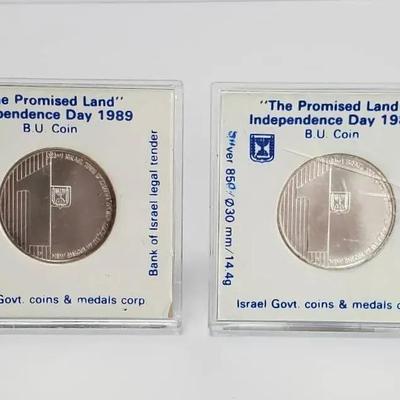 850 Silver 1989 Independence Day Uncirculated 1 Sheqel Israeli Coins (2)