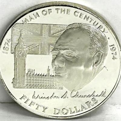 Sterling Silver Cook Islands 1974 $50 Churchill Coin