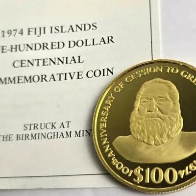 .500 Fine Gold 1974 Fiji Island $100 Coin With COA