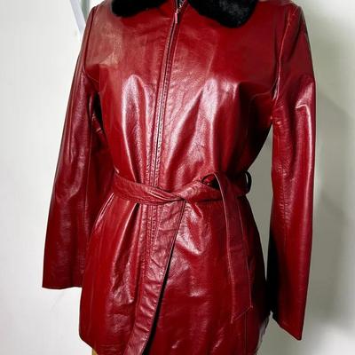 Danier Red Leather Jacket with Faux Fur Collar - Size 8/10