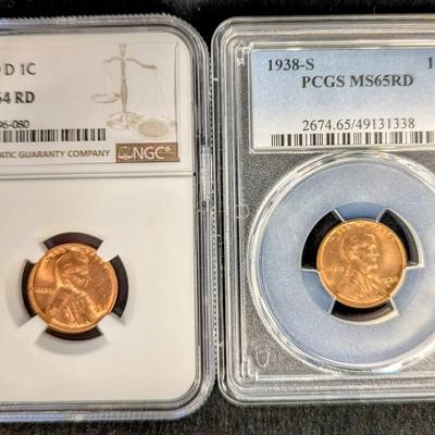 MS-65 Red Wheat Cents, PCGS & NGC, 1938-S & 1949-D