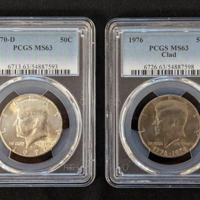 Silver Kennedy Half & 1976 Bicentennial Half, PCGS MS-63
