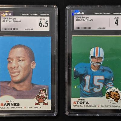 2 CGC 1969 Topps Football Cards, John Stofa and Erich Barnes