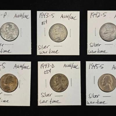 6 Different Dates Silver Wartime Nickels AU/UNC