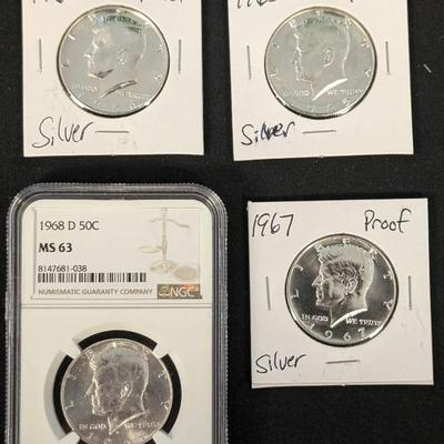 3 Kennedy Halves 1965, 1966, 1967 & 1968-D Silver Kennedy Half, NGC Graded