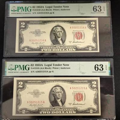 2 PMG 1953-A $2 Legal Tender Red Seal MS-63 EPQ, Consecutive Serial Numbers