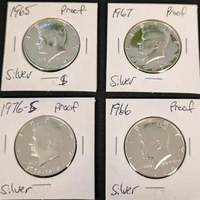 4 Silver Proof Kennedy Halves - 1965, 1966, 1967 & 1976-S