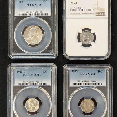 4 Graded Silver US Coins: 2 Roosevelt Dimes, 1 Mercury Dime, 1 Silver Washington Quarter