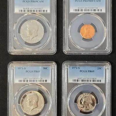 1971-S Quarters & Half Dollar, PR-69 & 1982-S Lincoln Cent & 1972-S Half Dollar, PR-69 PCGS