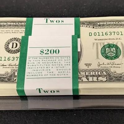 100 2003A $2 Federal Reserve Notes, All Original and Uncirculated, $200 Face Value