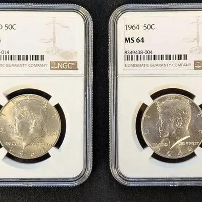 1964 & 1964-D Silver Kennedy Halves, MS-64 NGC