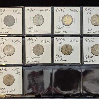 Group of 9 Silver Wartime Nickels, Unknown Condition
