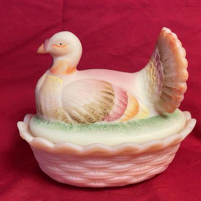Fenton Burmese Hand Painted Turkey Custard Bowl