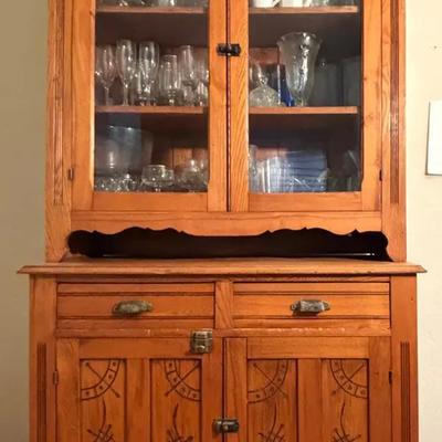 Antique Pine Buffet and Hutch Cabinet