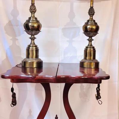 Antique Lyre-Base Hallway Table with Matching Vintage Pineapple Lamps