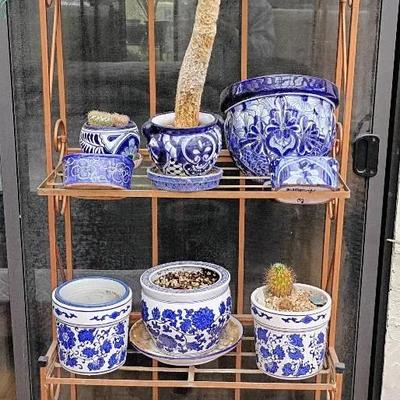 Patterned Blue And White Ceramic Pottery With Garden Rack
