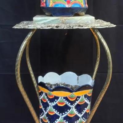 Vintage Tiered Onyx Stand and Talavera Planter Set