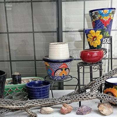 Assorted Yard Decor, Talavera Pottery And Plant Stand