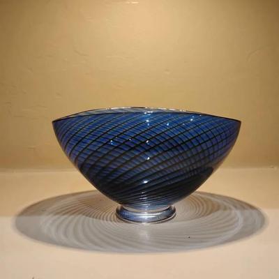 Kosta Boda Swedish Art Glass Bowl - Blue Swirl Mezza Filigrana Style - Signed
