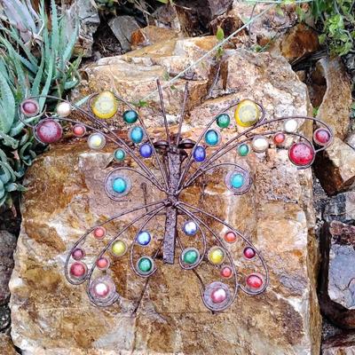 Whimsical Rustic Metal & Glass Jewel Butterfly Garden Wall Art Sculpture