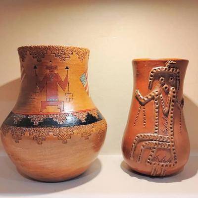 2 Vintage Native American Style Pottery Vases - Hand-Painted & Sculpted