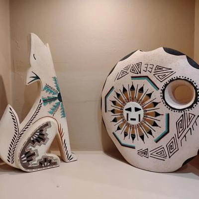 Howling Coyote & Sun Face Native American Ceramic Sculptures 