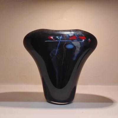 Vintage Art Glass Vase - Hand Blown Black Glass w/ Abstract Red & Blue Design