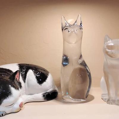 3 Vintage Signed Art Glass & Ceramic Cat Figurines - Handcrafted