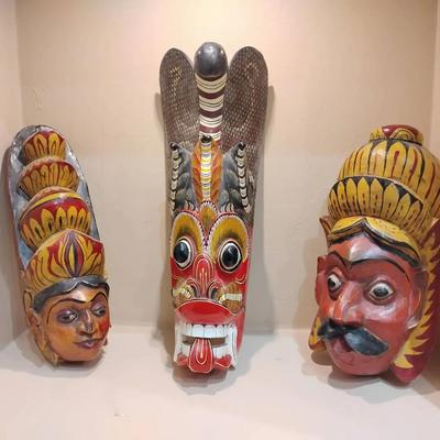Vintage Sri Lankan Hand-Painted Wooden Mask Lot (3) - Kolam & Raksha