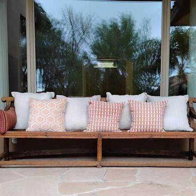 Large Vintage Rustic Wood Garden Bench with Decorative Pillows