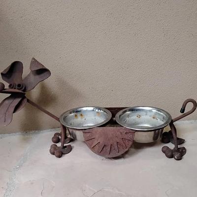 Whimsical Rustic Metal "Dachshund" Double Pet Feeder Sculpture