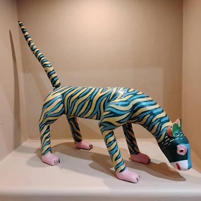 Vibrant Mexican Oaxacan Alebrije – Hand-Painted Wood Carving – Striped Feline