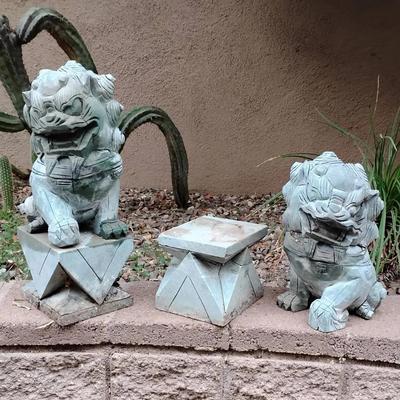 Pair of Vintage Carved Stone Guardian Lion (Foo Dog) Statues With Pedestals