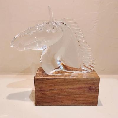 Vintage Hand-Blown Art Glass Unicorn Head Sculpture on Wood Base