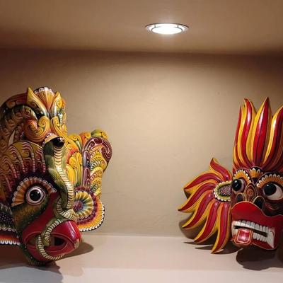 Pair of Vintage Sri Lankan Raksha Masks - Hand-Painted Wood - Naga & Gini