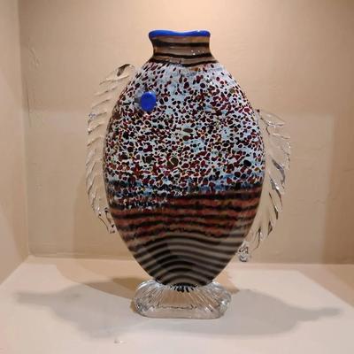 Vintage Murano Style Art Glass Fish Vase - Hand Blown Multicolored Frits