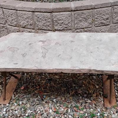 Vintage Flagstone & Iron Garden Bench – Rustic Outdoor Seating