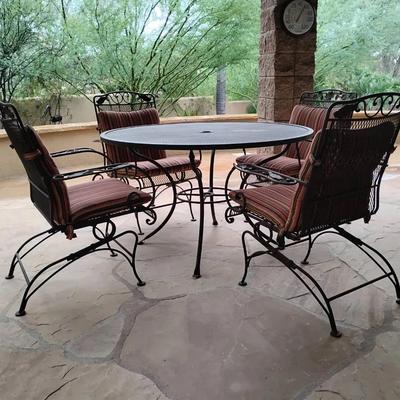 5-Piece Wrought Iron Patio Dining Set – Table & 4 Chairs with Cushions