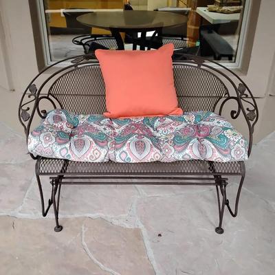 Vintage Wrought Iron Patio Glider Bench with Custom Cushions