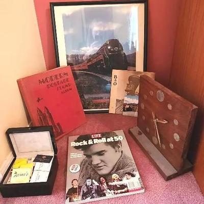 Coin Clock, Postage Stamp Book, Train Memorabilia And More!