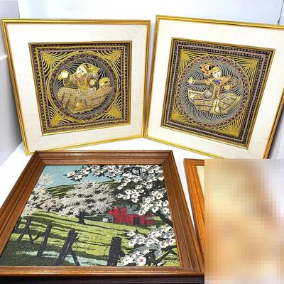 Eclectic Vintage Burmese Malaga Embroideries And Screen print Landscape 