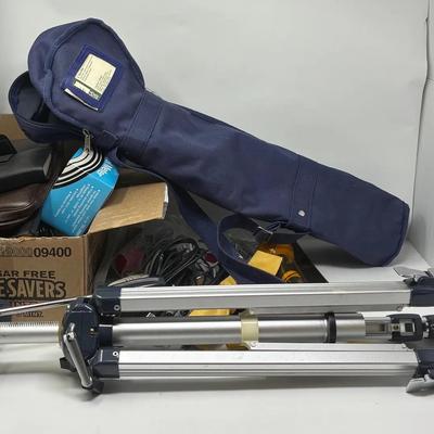 Vintage Aetna Elevating Tripod, Photography Book Collection, Various Microphone and Camera Equipment