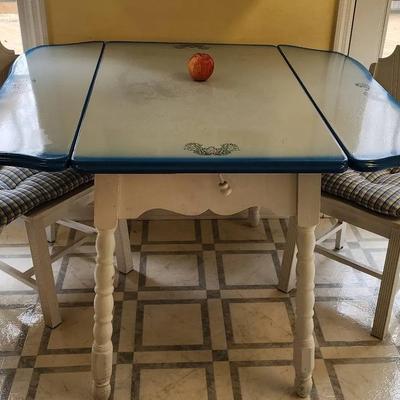 Vintage Kitchenette Enamel Table W/ Two Chairs